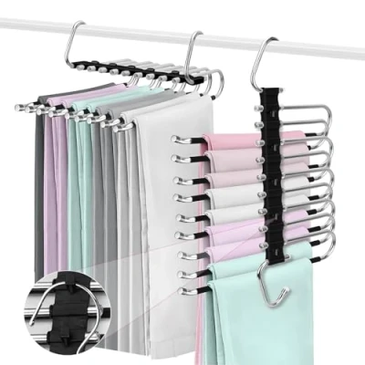 Afbeelding van ZPQAODI Broekhanger, kledinghanger, ruimtebesparend, 2 stuks, 9 in 1 roestvrij staal, opvouwbare broekkleerhanger, antislip, meervoudige hanger, broekkleerhanger voor broeken, kleding (zwart)