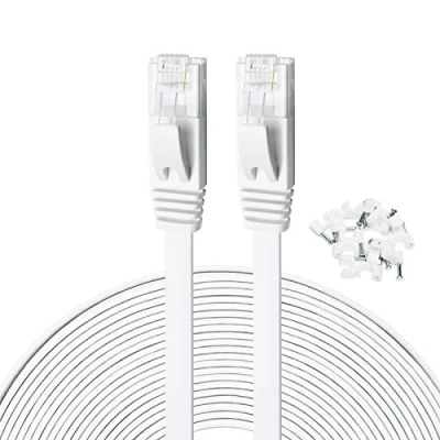 Afbeelding van Yauhody Ethernet Cable Cat6 22m, Gigabit Netwerkkabel Platte Lan Hoge Snelheid Internet Kabel Rj45 Patchkabel Cat 6 UTP Long, Sneller dan Cat5/Cat5e (Wit, met Kabelclips)