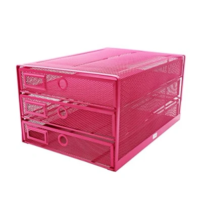 Afbeelding van Papieren sorteerder met 3 lades, A4 documenten/ladebox, draadvlechtwerk, kantooropbergmap, snelhechter, organizer, bureau, multifunctioneel (roze)