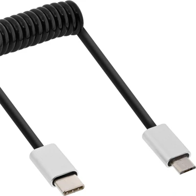 Afbeelding van InLine USB Micro B naar C spiraalkabel USB2.0 tot 2A / zwart 3 meter