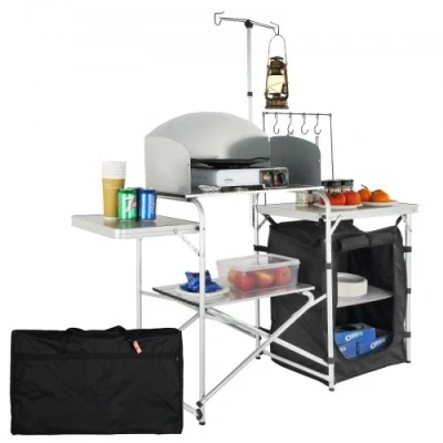 Afbeelding van VEVOR Camping keukentafel, opvouwbare outdoor kooktafel met opbergtas, aluminium kookstation 1 kast en afneembaar voorruit, snelle installatie voor picknick, barbecue, camper reizen, zwart