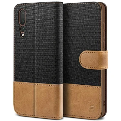 Afbeelding van BEZ Huawei P20 Pro Hoesje, Hoes Book Case Leer Wallet, Flip Wallet Hoesje [Canvas Kunstleer] met Creditcardhouders, Standaard, Magnetische Sluiting, Zwart