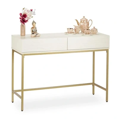 Afbeelding van Relaxdays sidetable, 2 lades, bijzettafel hal, woonkamer, tafel in houtkleur, H x B D: ca. 80x110x40 cm, wit