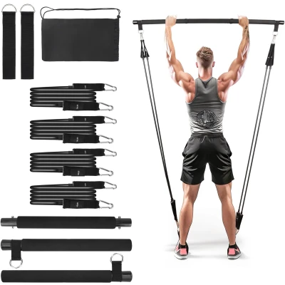 Afbeelding van Adjustable Pilates Bar with 4 Resistance Bands Foam Handle and Door Anchor