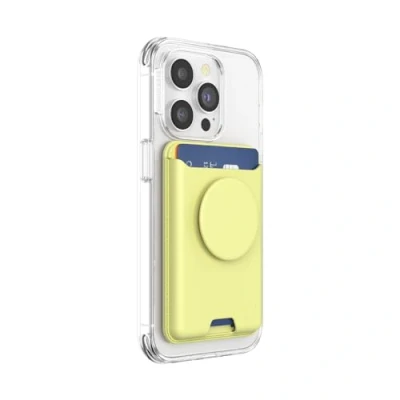 Afbeelding van PopSockets Telefoonportemonnee met uitbreidende grip en adapterring voor MagSafe, telefoonkaarthouder, compatibel draadloos opladen, portemonnee MagSafe botergeel