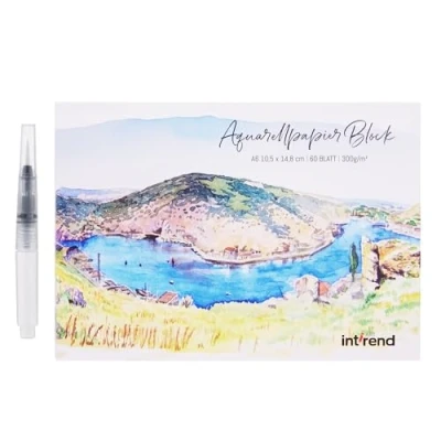Afbeelding van int!rend Aquarelpapier, 300 g, DIN A6, 60 vellen, wit, gelijmd, aquarelpapierblok, Watercolour Paper Pad, incl. watertankborstel, twee penselen, potlood schilderpad papier voor tekenen, schilderen