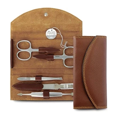 Afbeelding van Nippes Solingen Manicure set 5 delig RVS CLASSIC Bruin Leren Etui Handgemaakt 25 Jaar Garantie