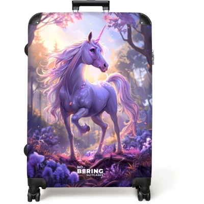 Afbeelding van NoBoringSuitcases.com® Koffer groot Reiskoffer lichtgewicht Portret van een eenhoorn tussen paarse bloemen Rolkoffer met 4 wielen Grote trolley XL 98 liter bagage