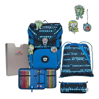 Afbeelding van DerDieDas Schooltas ErgoFlex Easy Exklusiv Superflash Schulranzenset 5 delig Blue Robot Blauw