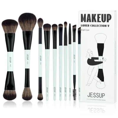 Afbeelding van Jessup Make up Kwastenset 10pcs Dubbelzijdige Borstels voor Fundering,Contour,Blozen,Vermengen,Oogschaduw,Eyeliner, Concealer,Wenkbrauw Kwasten,Helder Cyaan T500