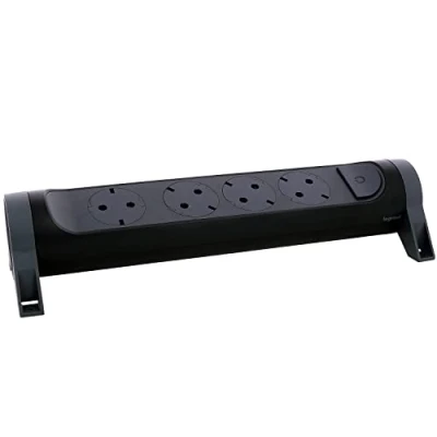 Afbeelding van LEGRAND, Draaibare stekkerdoos, 4 voudig stopcontact, meervoudige wand of tafelmontage, led aan/uit schakelaar, zonder kabel, zwart/donkergrijs, 694545