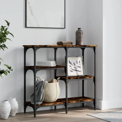 Afbeelding van Wandtafel 80x29x75 cm bewerkt hout gerookt eikenkleurig