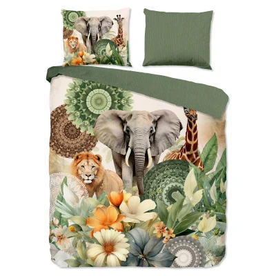 Afbeelding van HIP Dekbedovertrek &quot;mandalas, bloemen &amp; safari dieren&quot; Groen (200x200/220 cm) Katoen Satijn