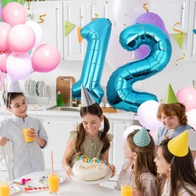 Afbeelding van Ballonnen verjaardag 12 jaar blauw 101 cm verjaardagsdecoratie voor een man vrouw opblaasbaar cijfer van folie beige