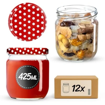 Afbeelding van KADAX jampotten, 425 ml, inmaakpotten met schroefdeksel, potten schroefsluiting, voorraadpotten voor jam, honing (rood gestippeld/12 stuks)