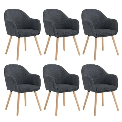 Afbeelding van WOLTU EZS26dgr 6 Set van eetkamerstoelen, eettafel, keukenstoel, armleuning, modern, met armleuningen, corduroy, massief houten poten, donkergrijs