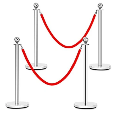 Afbeelding van COSTWAY 4 Stuks afzetpaal set, personengeleidingssysteem, ronde top gepolijst roestvrij wachtrij paal met 150cm rood fluwelen touw, menigte controle barrière, afbakenstandaard, afzetpalenset parkeerpaal publiekscontrole luchthavenbarrière