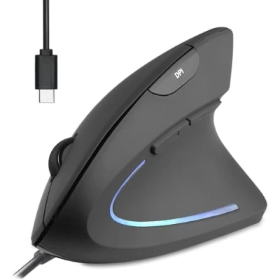 Afbeelding van Perixx PERIMICE 513C Verticale muis met USB C 6 knoppen 1000/1600 DPI, ontwerp voor rechts, kabel type 1,8 m, zwart