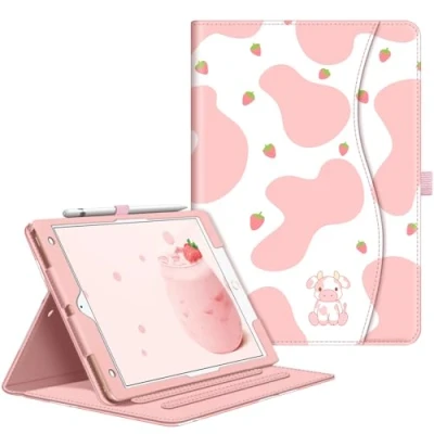 Afbeelding van Fintie Hoes voor iPad 9e generatie 2021/8e Gen 2020 / 7e 2019 10.2 inch, [hoekbescherming] Multi angle weergave Folio Stand Beschermhoes met documentsleuven, Auto Sleep/Wake, Strawberry Cow