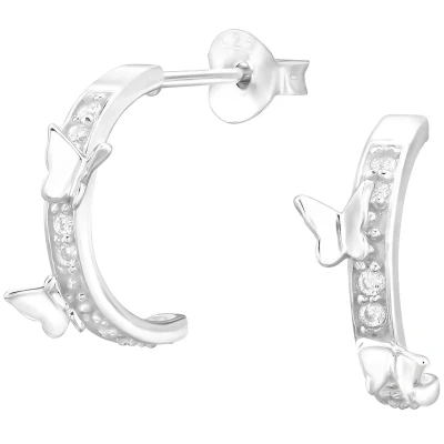 Afbeelding van JoyS Zilveren vlinder oorringen 14 mm stud zirkonia en 2 fladerende vlindertjes oorbellen sterling zilver 925