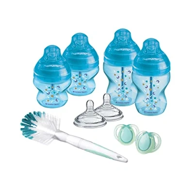 Afbeelding van Tommee Tippee anti koliek babyflessen starterset, natuurlijk gevormde drinkzuiger en speciaal ontluchtingssysteem, verschillende maten, blauw
