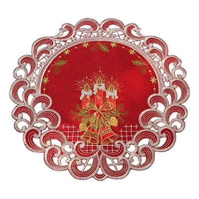 Afbeelding van Quinnyshop Kerst tafelloper, tafelkleed, donkerrood, lijkt op linnen, motief met rode kaarsen, geborduurd