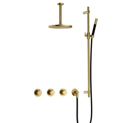 Afbeelding van Hotbath Cobber Regendoucheset IBS70 Geborsteld Messing PVD Staaf handdouche 20cm Hoofddouche 15cm Plafondbuis Handouche met glijstang