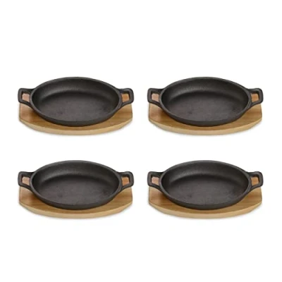 Afbeelding van ECHTWERK Serveerschalenset van gietijzer, serveerpannetjes, ovenschaal met serveerplank, grillpan, al ingebrand, geschikt voor ovens, barbecue en BBQ, serveren, Big Edition, 4 delig