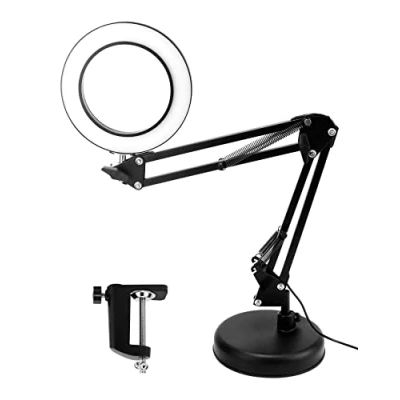 Afbeelding van QWORK® vergrootglas met licht, vergrotende lamp klem en voet, 10x lampen, 3 kleurmodi 10 helderheidsniveaus, verstelbare zwenkarmlamp, zwart