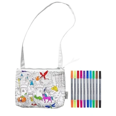 Afbeelding van eatsleepdoodle Kleur je eigen eenhoorn en prinses tas met zeemeerminnen, draken ridders, wash out markers inbegrepen, Wit zwart