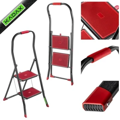 Afbeelding van KADAX Inklapbare stalen ladder, zwart rode trapladder met draagvermogen tot 150 kg, ladder klapbeveiliging, leuning antislip treden (2 treden)