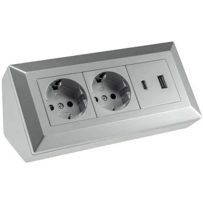 Afbeelding van ChiliTec Stekkerblok, hoekstopcontact, 2 voudig, geaard stopcontact, USB A, C PD, opbouw en onderbouw, montage in keuken, kantoor, werkplaats, zilvergrijs