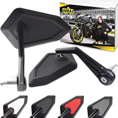 Afbeelding van Area1 Motorfietsspiegel, computergestuurd gefreesd, stuuruiteinden motorfiets, achteruitkijkspiegel, set 7/8 inch (rechts + links) en getest, zwart. compatibel met KSR