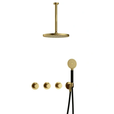 Afbeelding van Hotbath Cobber Regendoucheset IBS70 Geborsteld Messing PVD Ronde handdouche 30cm Hoofddouche Plafondbuis Handouche met wandhouder