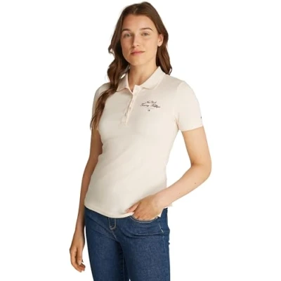 Afbeelding van Tommy Hilfiger SLIM Script Graphic POLO Poloshirt, Dames, Maat: XS, Ivory petal