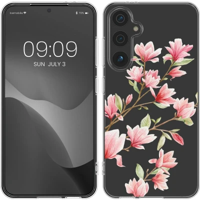 Afbeelding van kwmobile telefoonhoesje geschikt voor Samsung Galaxy S24 FE Hoesje smartphone in poederroze / wit transparant Magnolia design