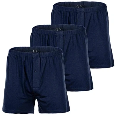 Afbeelding van YOURBASICS Heren jersey boxershorts, zachte katoenen onderbroek &#039;wijde American Style&#039; in 3 pack katoen, gulp met knoop, blauw, M