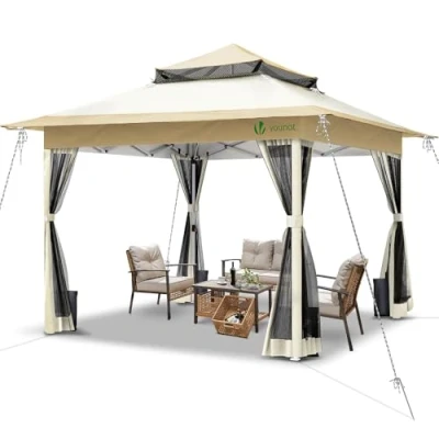 Afbeelding van VOUNOT Tuinpaviljoen voor buiten, 3,6 x m, pop up met muggennet, barnum, uv bescherming, ademend, ontvangsttent, stalen frame, dubbele daken, paviljoen, tuin, terras, beige