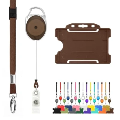 Afbeelding van Intrekbare lanyard en badgehouder Trio Triple Pack van LanyardsTomorrow Set bevat een enkel effen lanyard, uitschuifbare karabijnhaak Yoyo Reel Clip stijve ID kaarthouder (bruin)