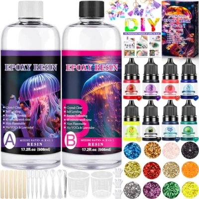 Afbeelding van POWZOO Epoxyhars met verharder 1016 ml, glasheldere giethars set epoxydart, verf, glitter, houten stokjes, handschoenen, maatbeker, 1: 1 verhouding voor kunstproject, sieraden maken, handwerk