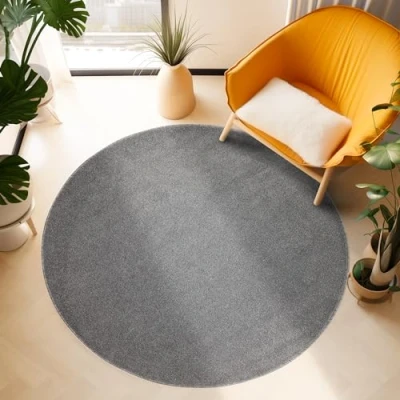 Afbeelding van Laagpolig vloerkleed, Unicolor Monochroom, Vloerkleed Grijs, 120 cm Rond, Tapijten in moderne stijl, Tapijt woonkamer