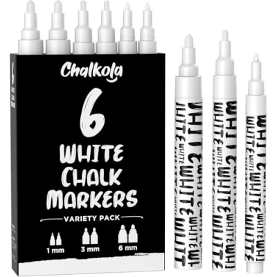 Afbeelding van Chalkola witte krijtstiften droge wisbare vloeibare voor schoolbord, venster, bistro, autoglas, bord, borden variëteit pakket van 6 (2x) 1 mm, 3 mm en