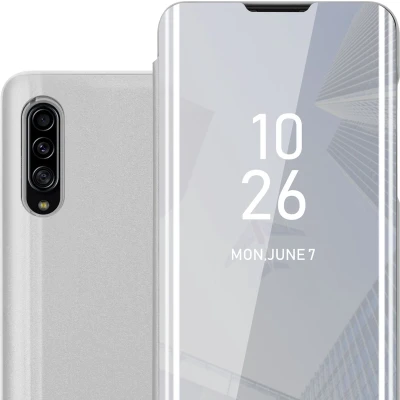 Afbeelding van Cadorabo Hoesje geschikt voor Samsung Galaxy A90 5G in AGAAT ZILVER Clear View Spiegel Beschermende Case met Tribunefunctie 360 Graden Bescherming Book Cover Etui
