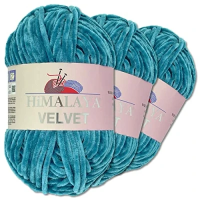 Afbeelding van Wohnkult Himalaya 3 x 100 g Velvet Dolphin breiwol, 40 kleuren om uit te kiezen, chenille breigaren, pluizige wol, glans, accessoire, kleding, dekens (90041, oceaanblauw)