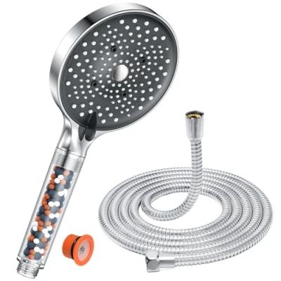 Afbeelding van YEAUPE PRO douchekop met slang, 1,6 m, waterbesparende filter, regendouche 6 straalsoorten, spaardouchekop 7,5 l/min groot (130 mm diameter), chroom