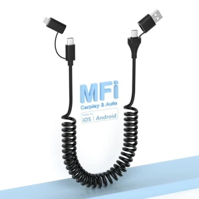 Afbeelding van 4 in 1 USB C en Lightning kabel [MFi gecertificeerd] 60W snel opladen gegevenssynchronisatie Apple CarPlay &amp; Android Auto, opgerolde multi oplaadkabel Combo Lightning/Type C/USB A poorten voor