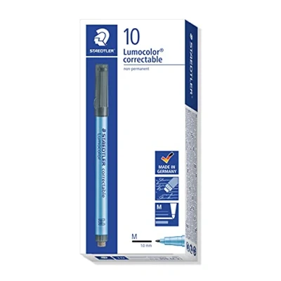 Afbeelding van STAEDTLER Lumocolor 305 M 3 correctable foliestift punt, ongeveer 1,0 mm, 10 stuks in kartonnen etui, blauw
