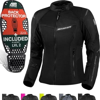 Afbeelding van SHIMA RUSH motorjack voor dames met beschermers mesh Airforce rugprotector zomer luchtig waterdicht motorcombi motorbroek toeren (zwart, vrouwen, textieljas, maat M)