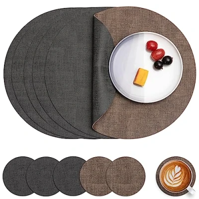 Afbeelding van Myir JUN Lederen Placemat Rond en Onderzetters, Tafelmatten Waterdichte Afveegbare Dubbelzijdige Plaats Matten Koffiematten Antislip Wasbare Placemats Coaster (Grijs Bruin, Sets 6)