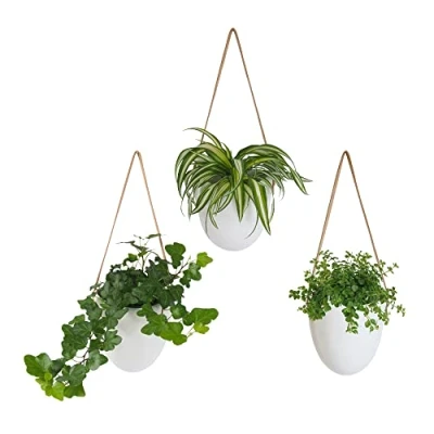 Afbeelding van Gadgy Plantenhanger Keramiek Set van 3 Wit Steen Hangpot Hangende Bloempot Plantenpot 12 x 11 9.5 cm